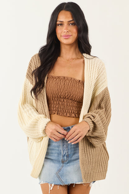 Cream and Latte Colorblock Open Front Cardigan