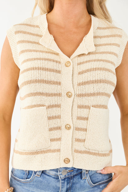 Cream and Latte Striped Button Down Knit Vest