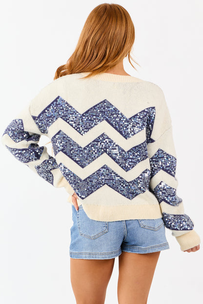 Cream and Navy Chevron Sequined Knit Sweater