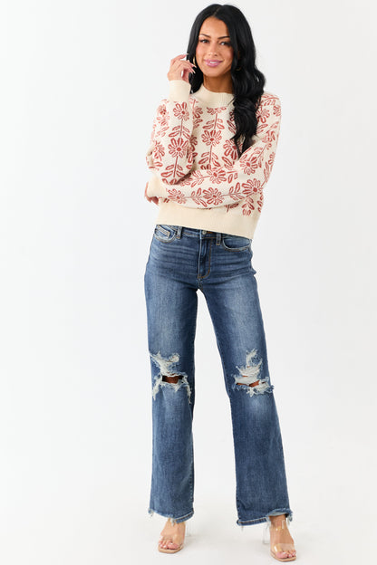 Cream and Tawny Floral Mock Neck Knit Sweater