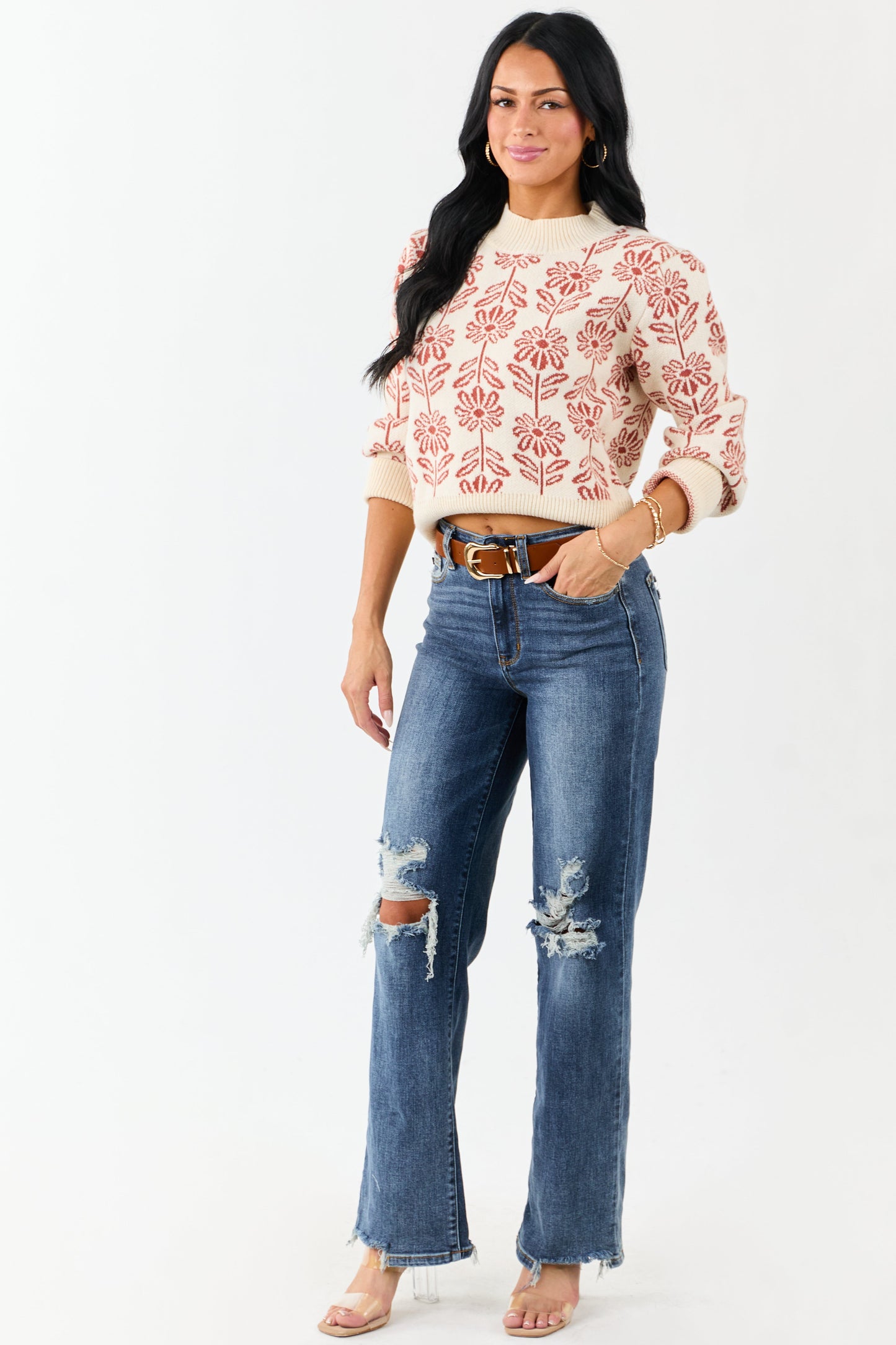 Cream and Tawny Floral Mock Neck Knit Sweater