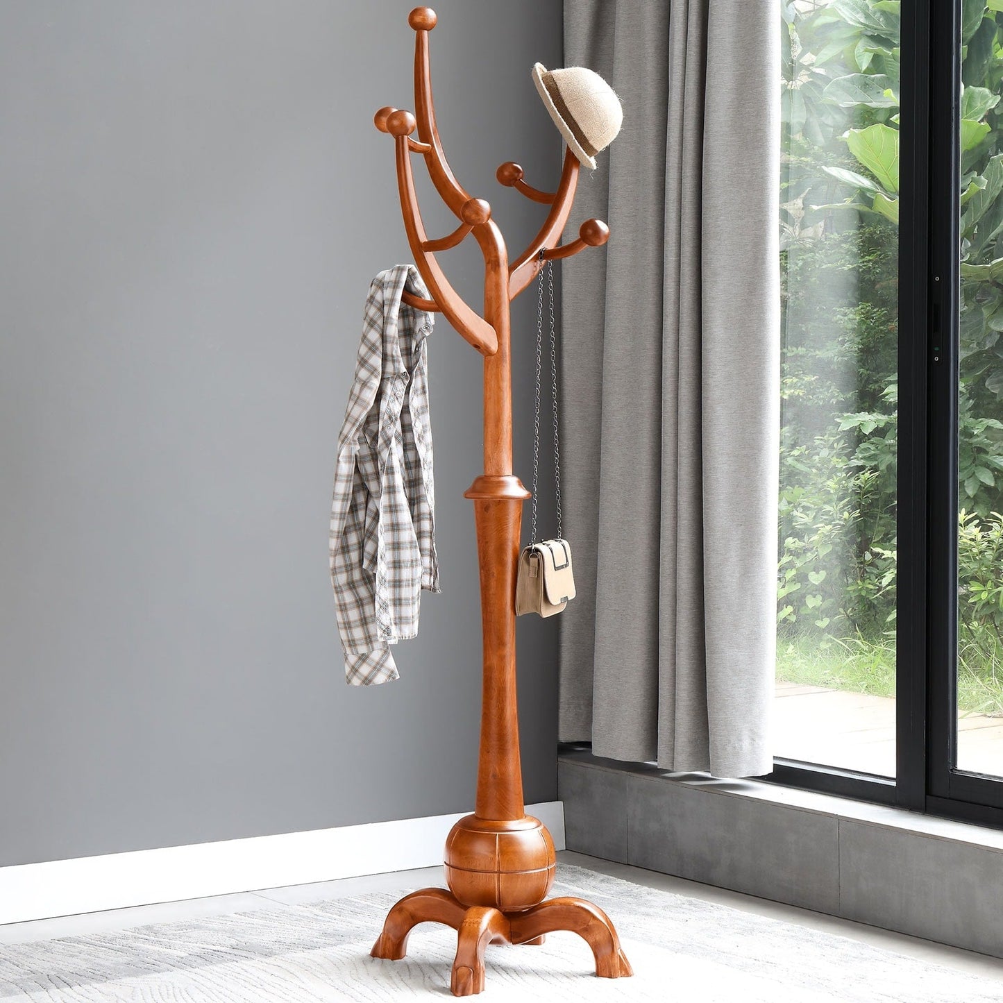 Tree-branch Rubberwood Freestanding Coat Rack with 8 Hooks - 24.5W x 70.87H