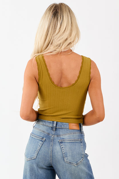 Dark Mustard Lace Trim Cropped Rib Knit Tank Top