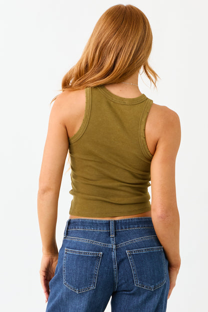 Dark Olive Distressed Trim Knit Tank Top