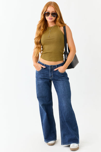 Dark Olive Distressed Trim Knit Tank Top