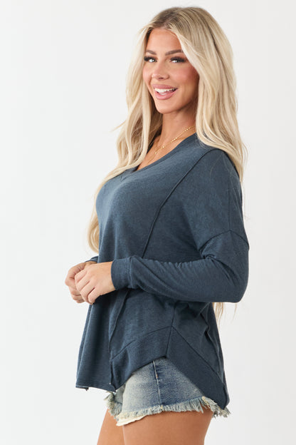 Dark Sea Blue V Neck Long Sleeve Soft Knit Top