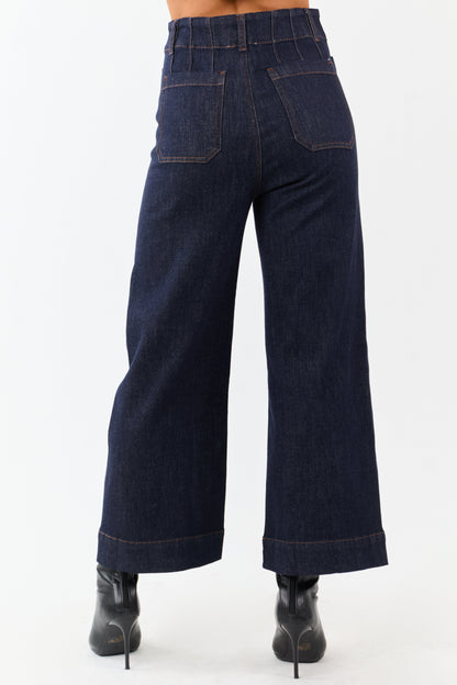 Dark Wash High Rise Patch Pocket Wide Denim Pants