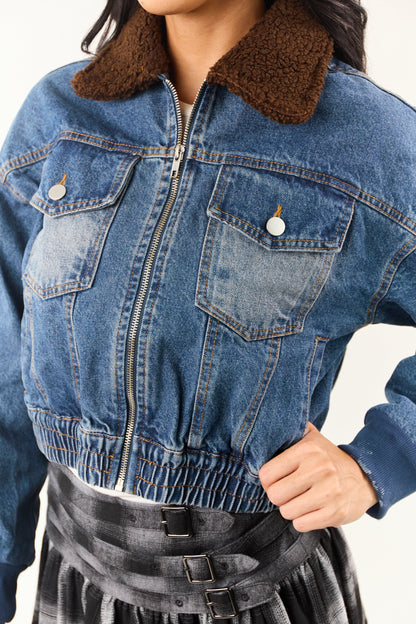 Dark Wash Sherpa Collar Denim Zip Up Bomber Jacket