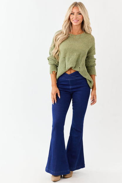 Dark Wash Stretchy V Wrap Waist Flare Jeans