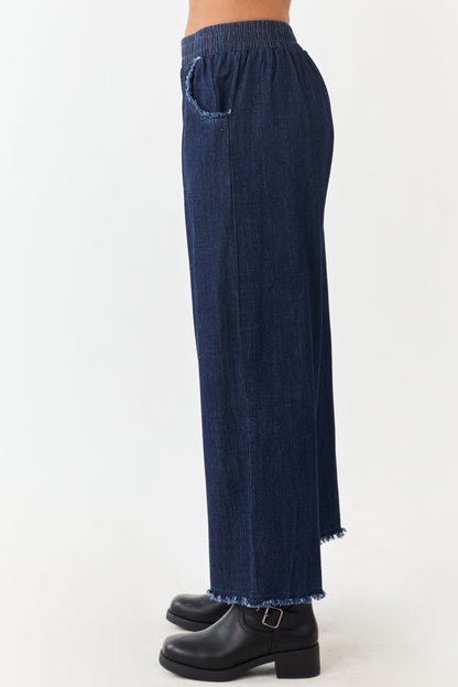 Dark Wash Wide Leg Cropped Chambray Pants