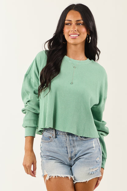 Deep Seafoam Waffle Knit Long Sleeve Cotton Top