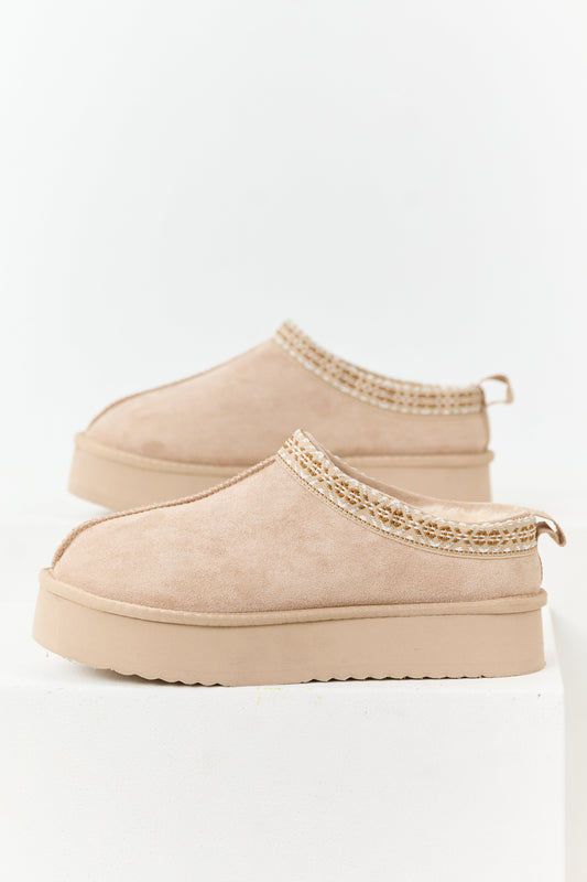 Desert Sand Faux Suede Fur Lined Platform Slippers