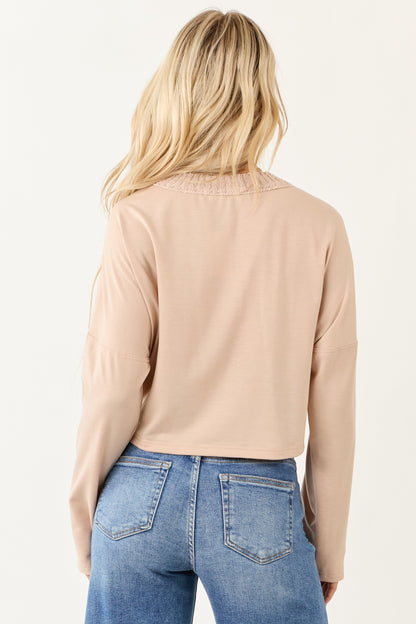 Dusty Blush Contrast Sleeve French Terry Knit Sweater