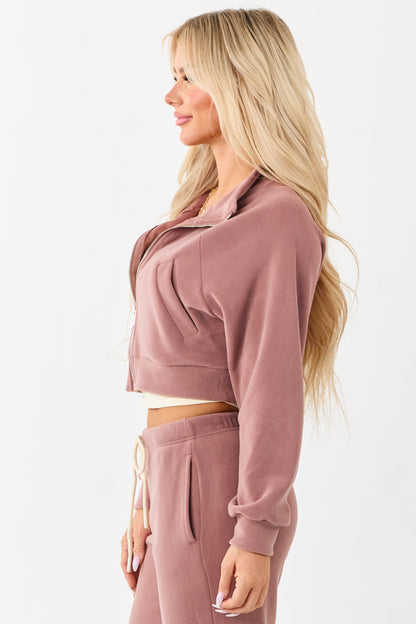 Dusty Rose Fleece Cropped Zip Up Collared Jacket