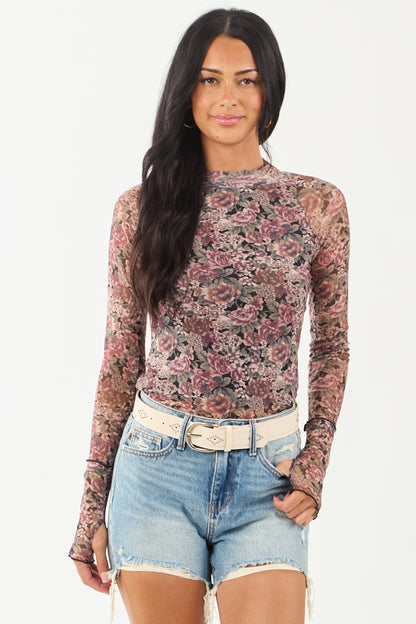 Dusty Rose Floral Mesh Long Sleeve Mock Neck Top