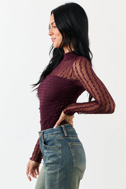 Eggplant Mesh Lace Ruched Long Sleeve Bodysuit
