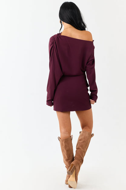 Eggplant One Shoulder Blouson Bodice Mini Dress