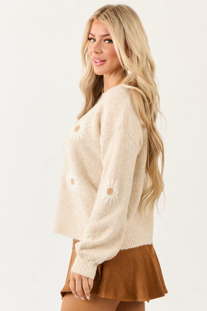 Entro Almond Daisy Embroidery Wool Blend Sweater