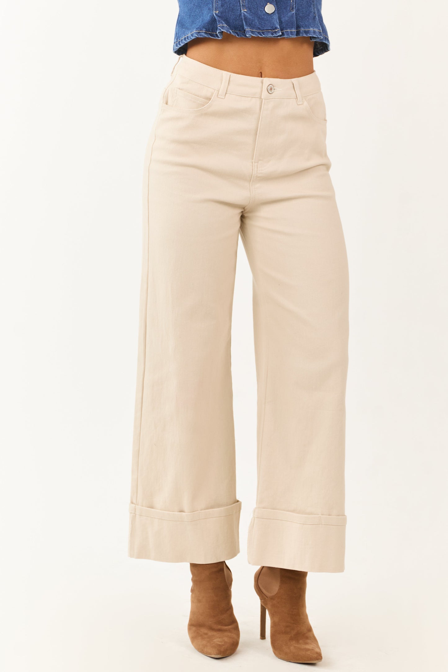 Entro Almond High Rise Cuffed Wide Leg Stretchy Jeans