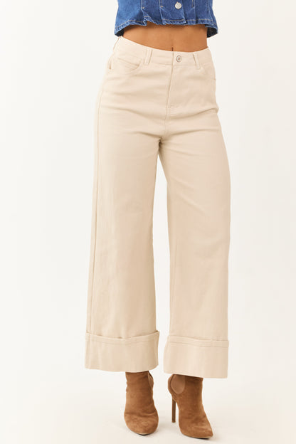 Entro Almond High Rise Cuffed Wide Leg Stretchy Jeans