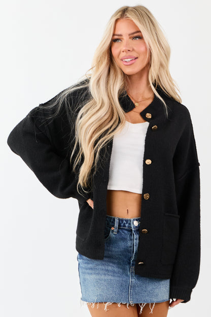 Entro Black Button Up Soft Knit Wool Blend Cardigan