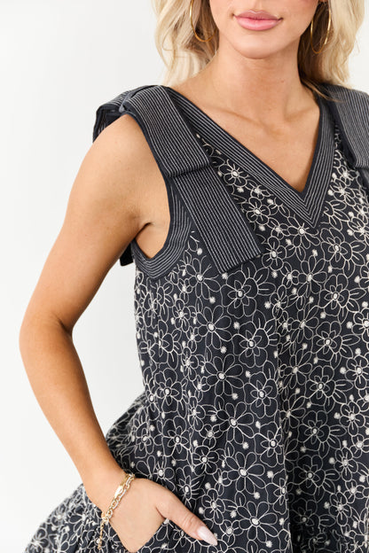 Entro Black Embroidered Floral Bow Strap Mini Dress