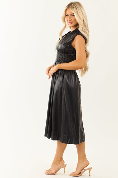 Entro Black Faux Leather Smocked Zip Up Midi Dress