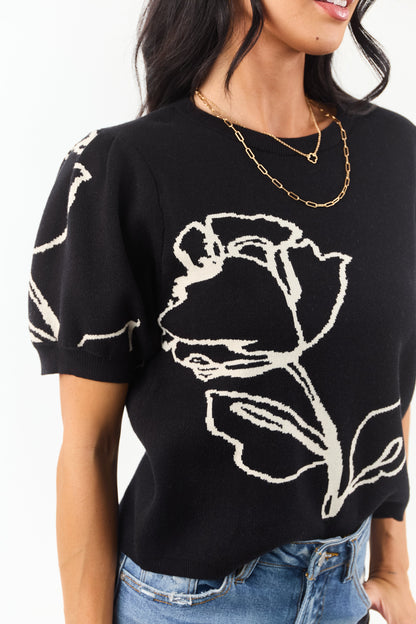 Entro Black Rose Graphic Puff Sleeve Sweater Top