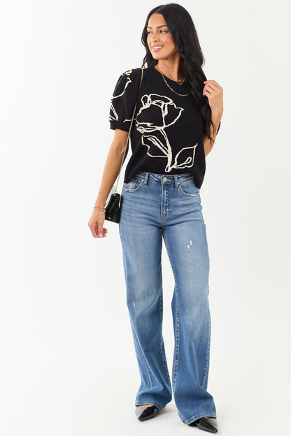 Entro Black Rose Graphic Puff Sleeve Sweater Top