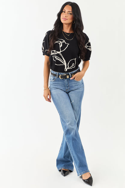 Entro Black Rose Graphic Puff Sleeve Sweater Top
