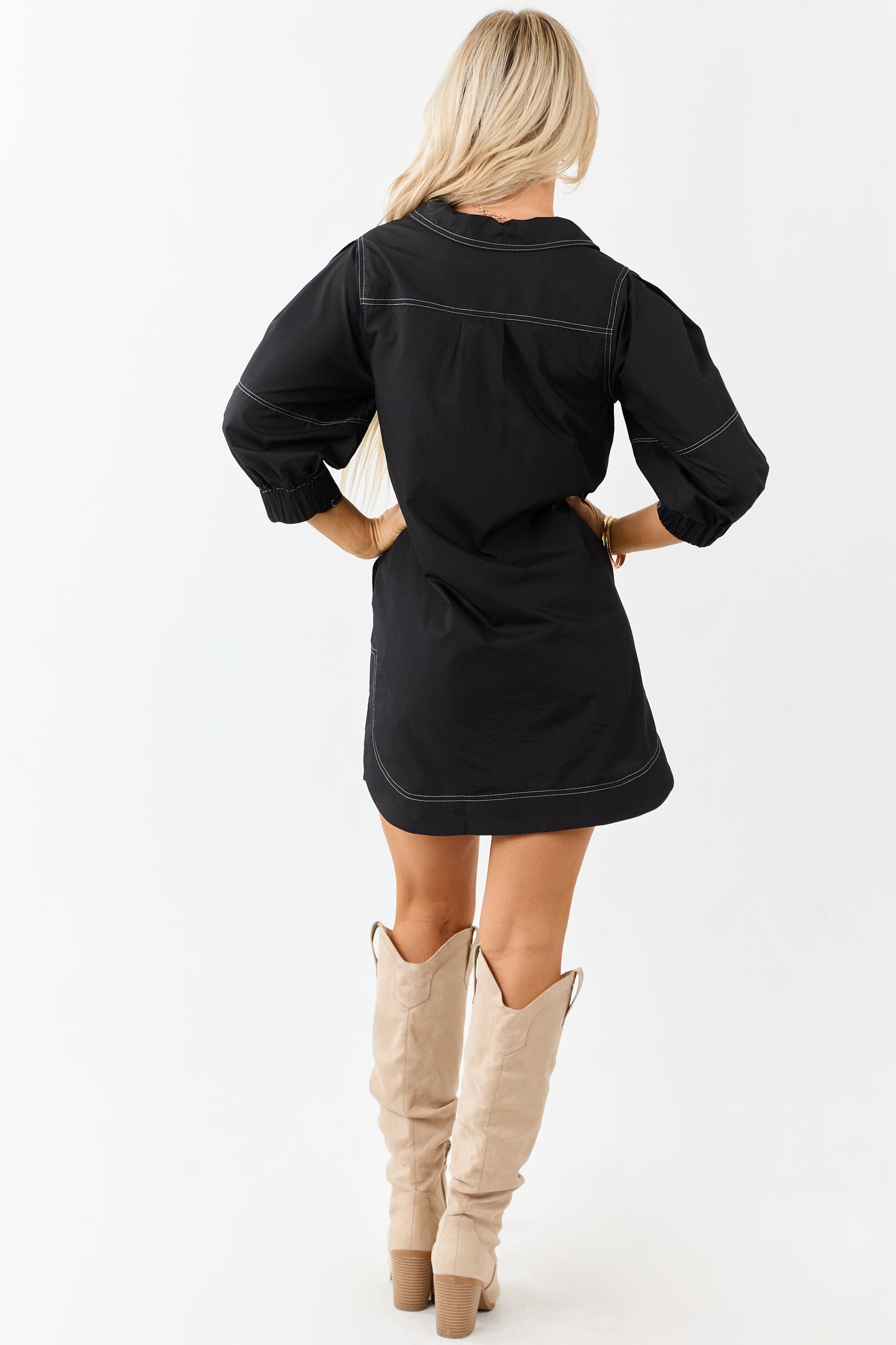 Entro Black Zip Up Collared 3/4 Sleeve Mini Dress