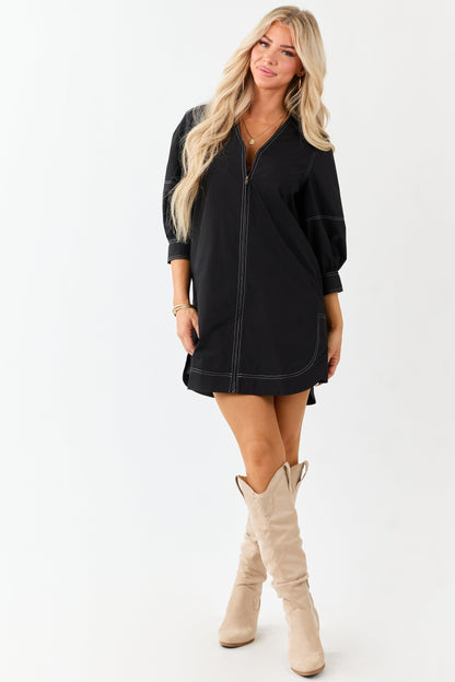 Entro Black Zip Up Collared 3/4 Sleeve Mini Dress