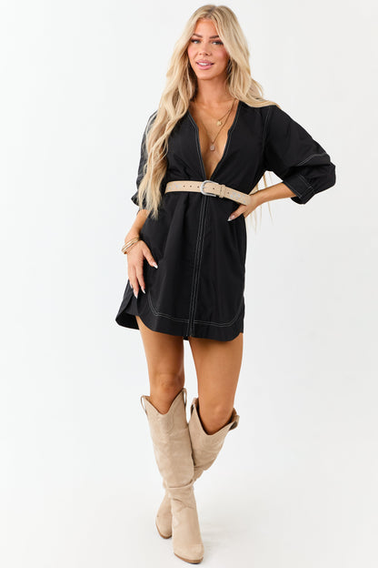 Entro Black Zip Up Collared 3/4 Sleeve Mini Dress