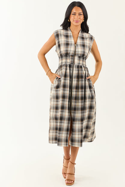 Entro Black and Cream Plaid Cotton Midi Dress