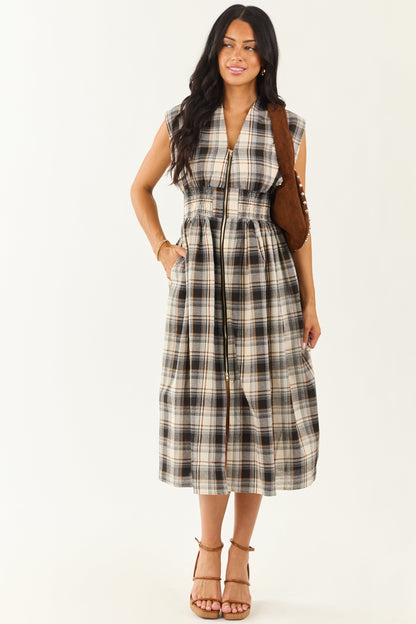 Entro Black and Cream Plaid Cotton Midi Dress