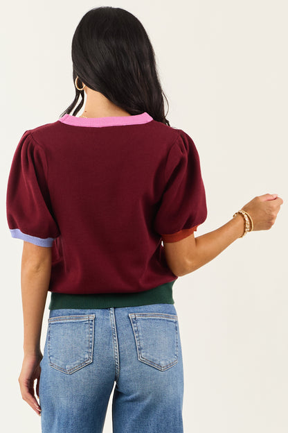 Entro Burgundy Colorblock Puff Sleeve Sweater Top