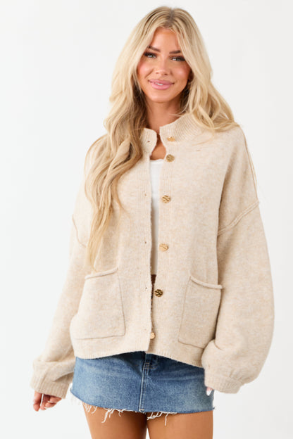 Entro Champagne Button Up Knit Wool Blend Cardigan