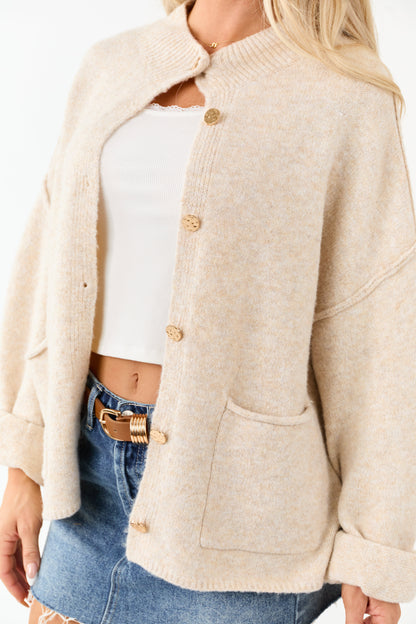 Entro Champagne Button Up Knit Wool Blend Cardigan
