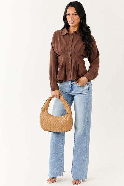 Entro Cocoa Button Down Long Sleeve Pleated Top