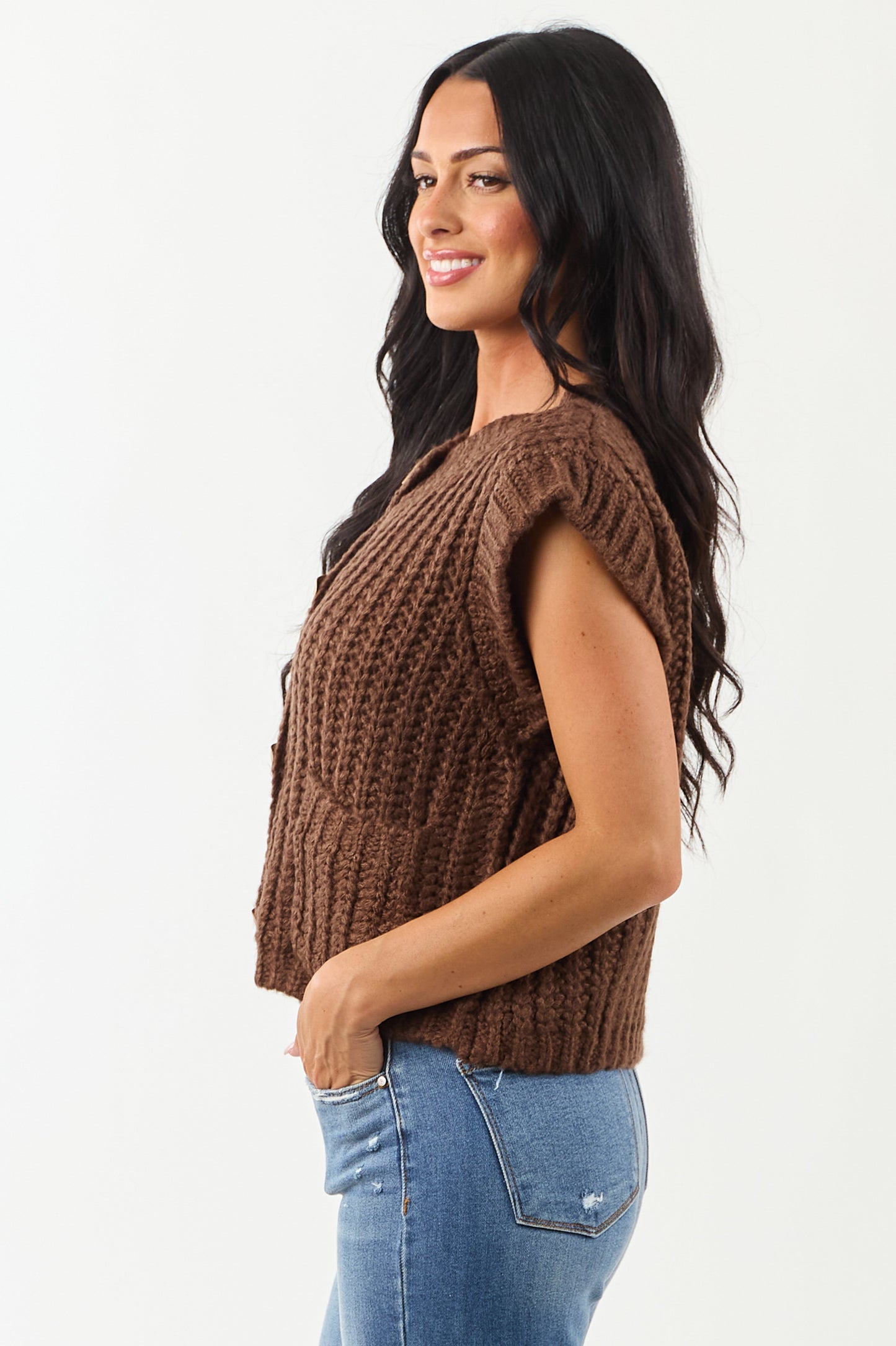 Entro Cocoa Button Down Thick Knit Sweater Vest