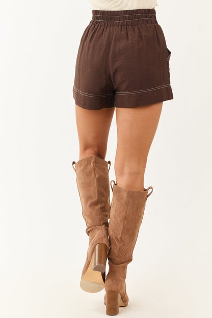 Entro Cocoa Contrast Stitch Elastic Waist Pull On Shorts
