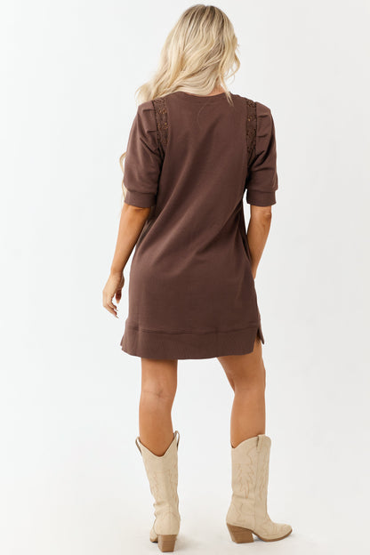 Entro Cocoa Cotton Floral Lace Panel Mini Dress