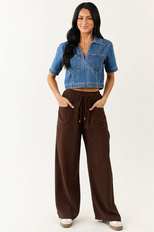 Entro Cocoa Smocked High Rise Wide Leg Pants