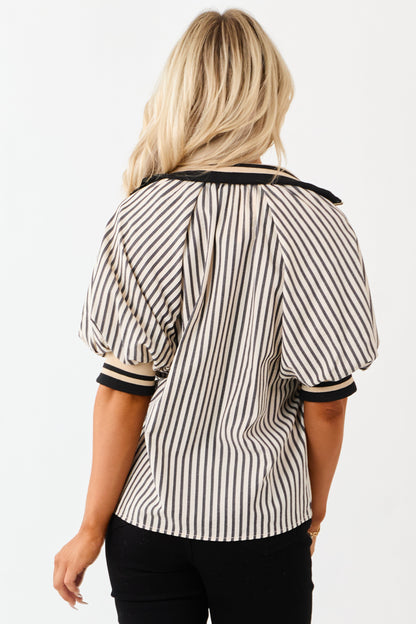 Entro Cream and Black Striped Half Puff Sleeve Top