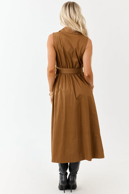 Entro Deep Caramel Button Down Cotton Midi Dress