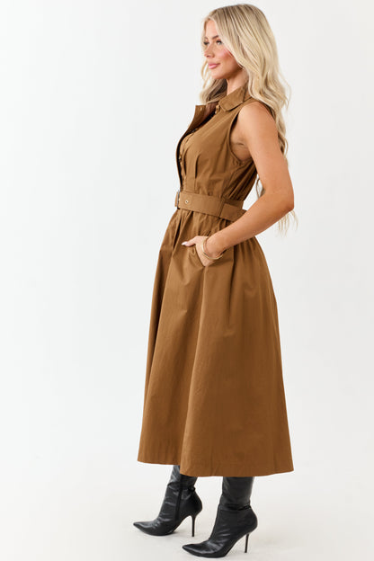 Entro Deep Caramel Button Down Cotton Midi Dress