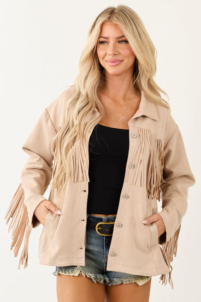 Entro Desert Sand Faux Suede Fringe Jacket
