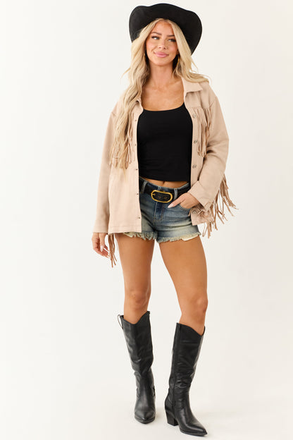 Entro Desert Sand Faux Suede Fringe Jacket
