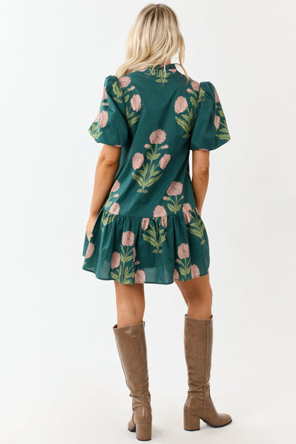 Entro Forest Green Floral Print Cotton Mini Dress
