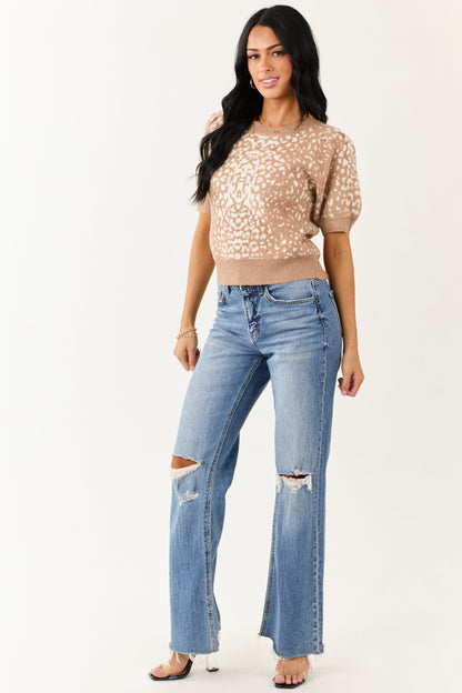 Entro Latte Abstract Print Short Sleeve Sweater Top